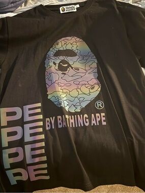 Bape Black Tee with Iridescent Camo Ape Head Graphic
